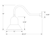 Wall light with light blue bell shade, gooseneck arm, and mounting bracket