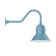 Light blue gooseneck wall light with bell shade and curved arm