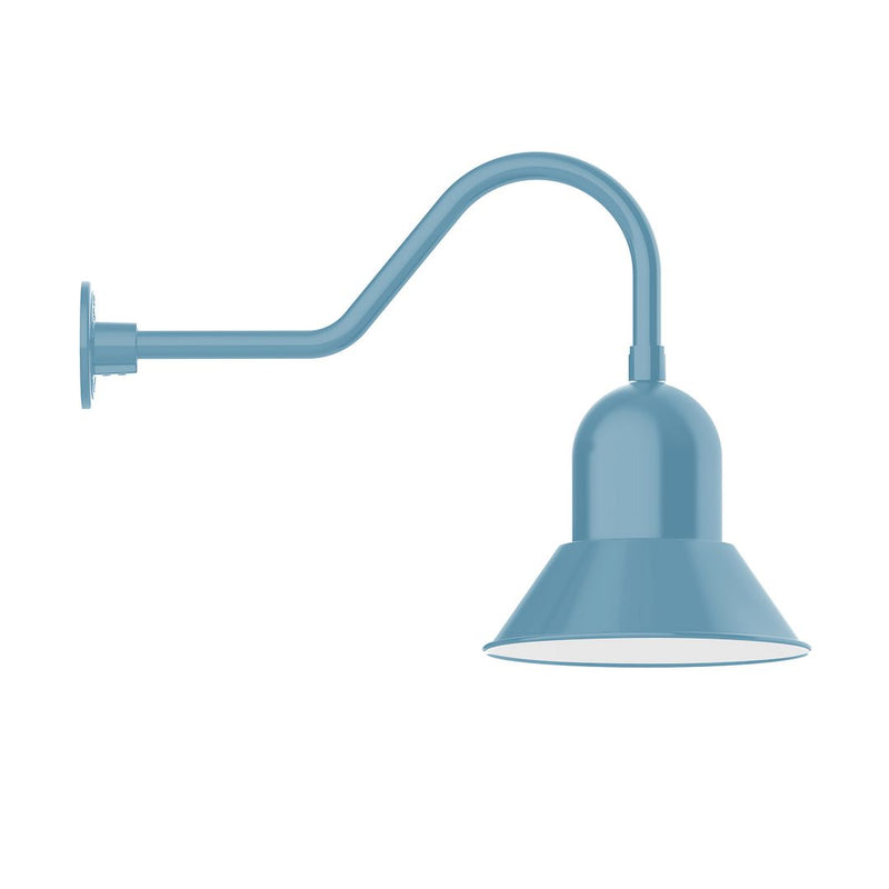 Light blue gooseneck wall light with bell shade and curved arm