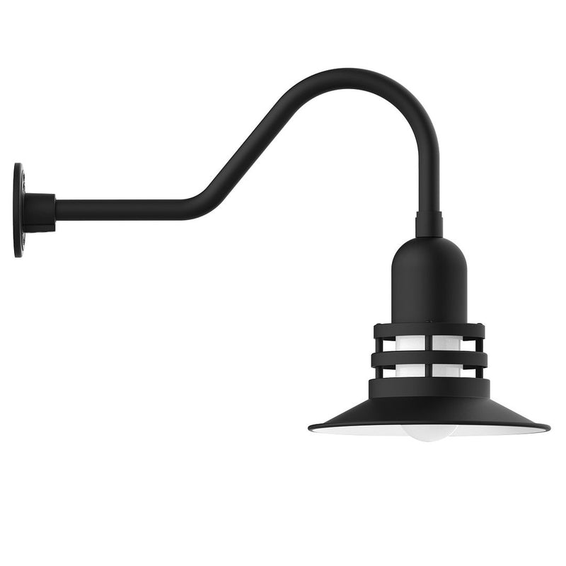 Black gooseneck wall light with round shade and adjustable arm
