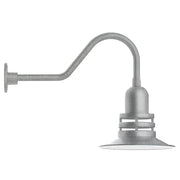 Gray gooseneck wall light with round dome shade and vertical wall mount plate