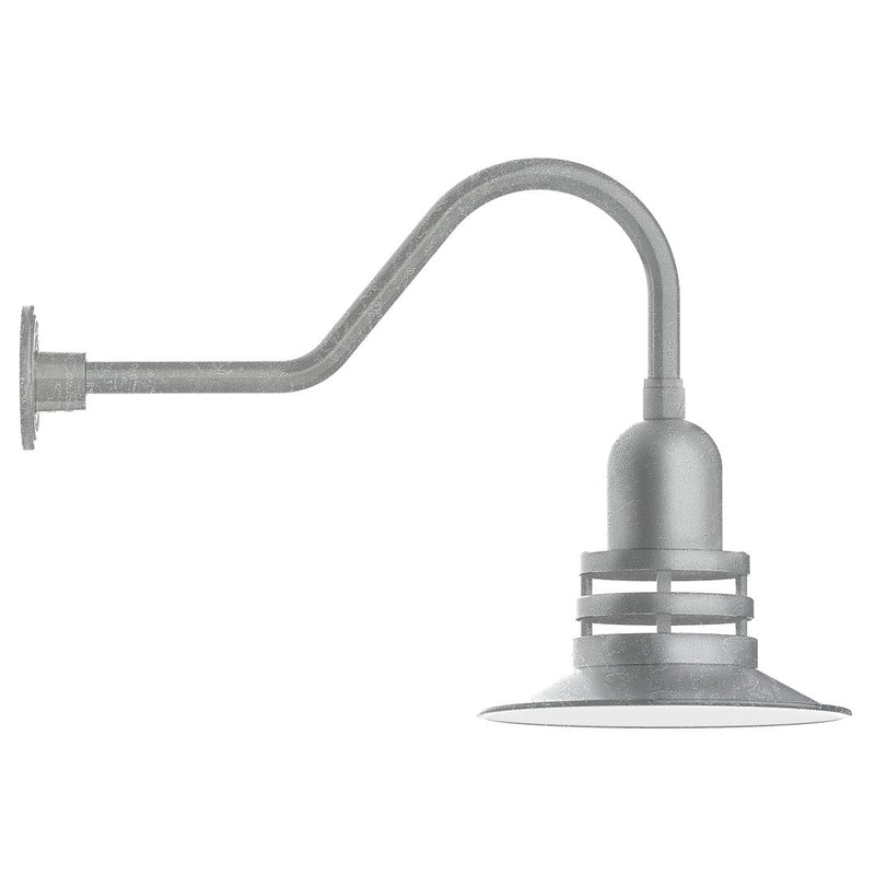 Gray painted gooseneck wall light with round shade and wall-mount bracket.