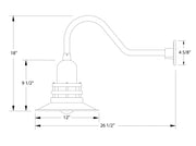 Dimensioned diagram of barn red gooseneck wall light and shade