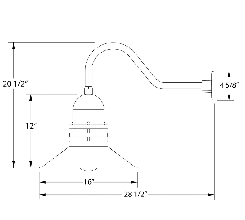 Gooseneck wall light dimension diagram: 16 in shade, 28 1/2 in reach