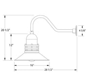 Gooseneck wall light diagram with 16-inch shade width and 28 1/2-inch arm length
