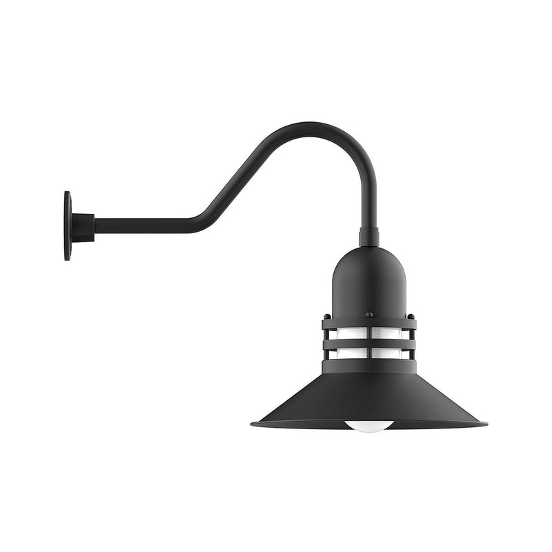 Black gooseneck wall light with arched arm and flared bell shade