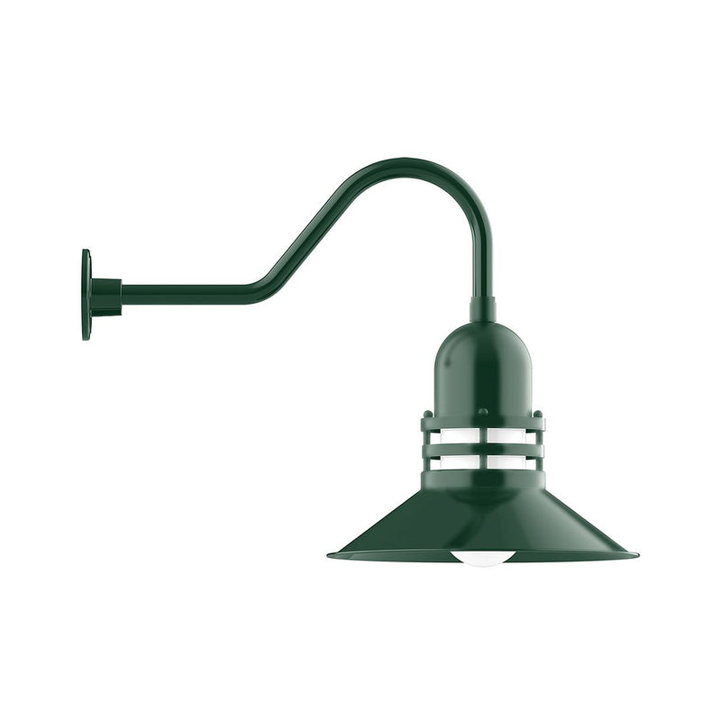 Forest green gooseneck wall light with curved arm and flared shade
