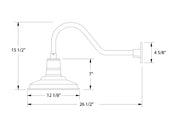 Gooseneck wall light diagram with measurements, dome shade and mount