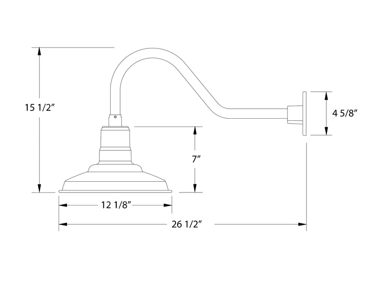 Sea green LED gooseneck wall light dimension diagram: 12 1/8 in width, 15 1/2 in height.