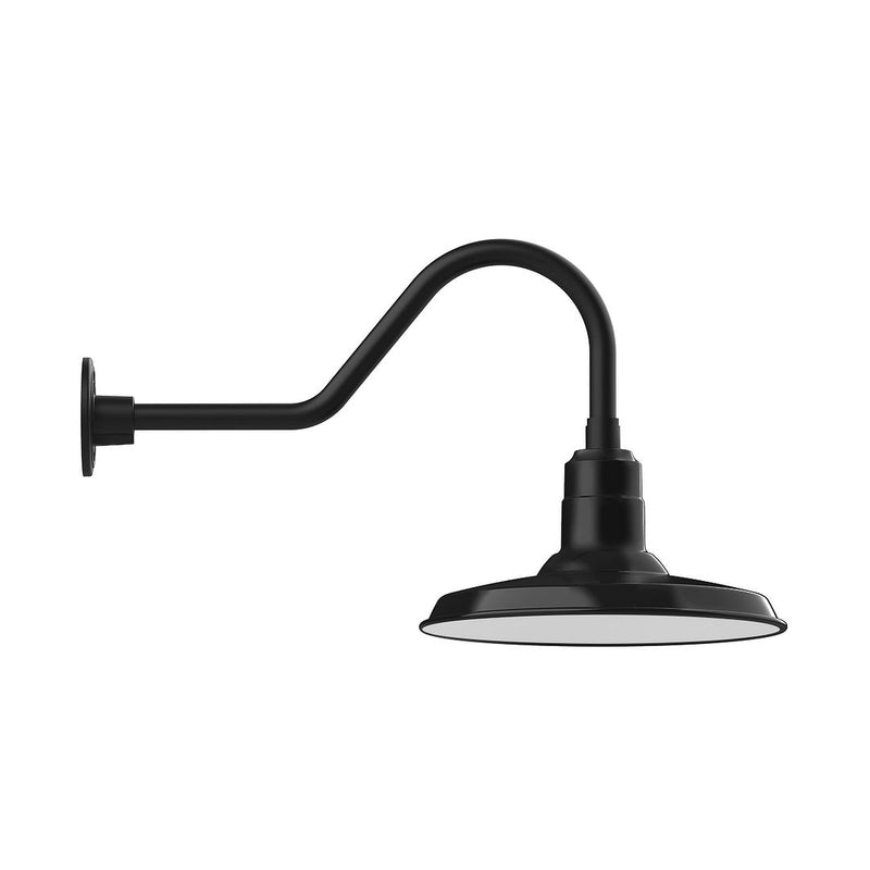 Black gooseneck wall light with round backplate and downward dome shade, metal