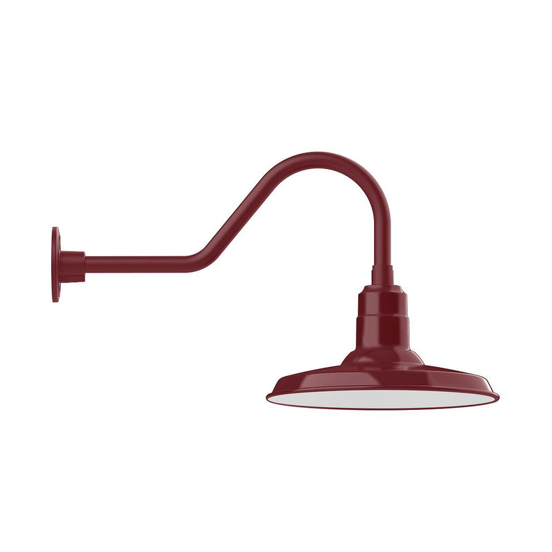 Barn red LED gooseneck wall light with round shade and extended arm