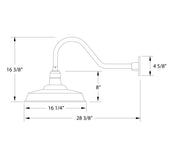 LED gooseneck wall light wall mount with bell shade, shown with dimensions