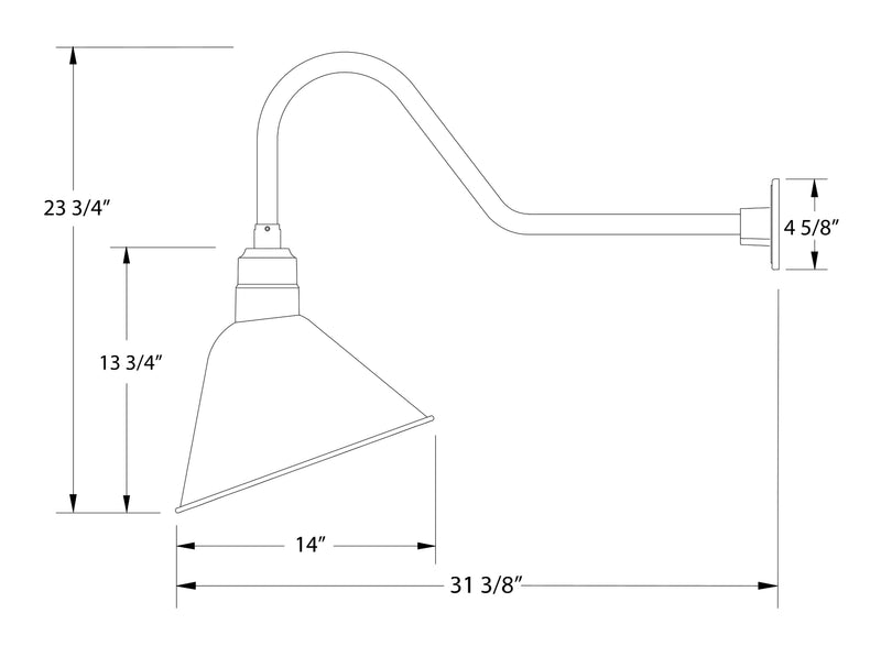 Gooseneck wall light diagram with 14 in reach, conical shade, and size labels.