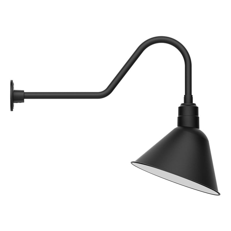Black gooseneck wall light with conical shade and curved arm, 14 in length.