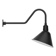 Black gooseneck wall light with round wall plate and conical shade, 14 in.