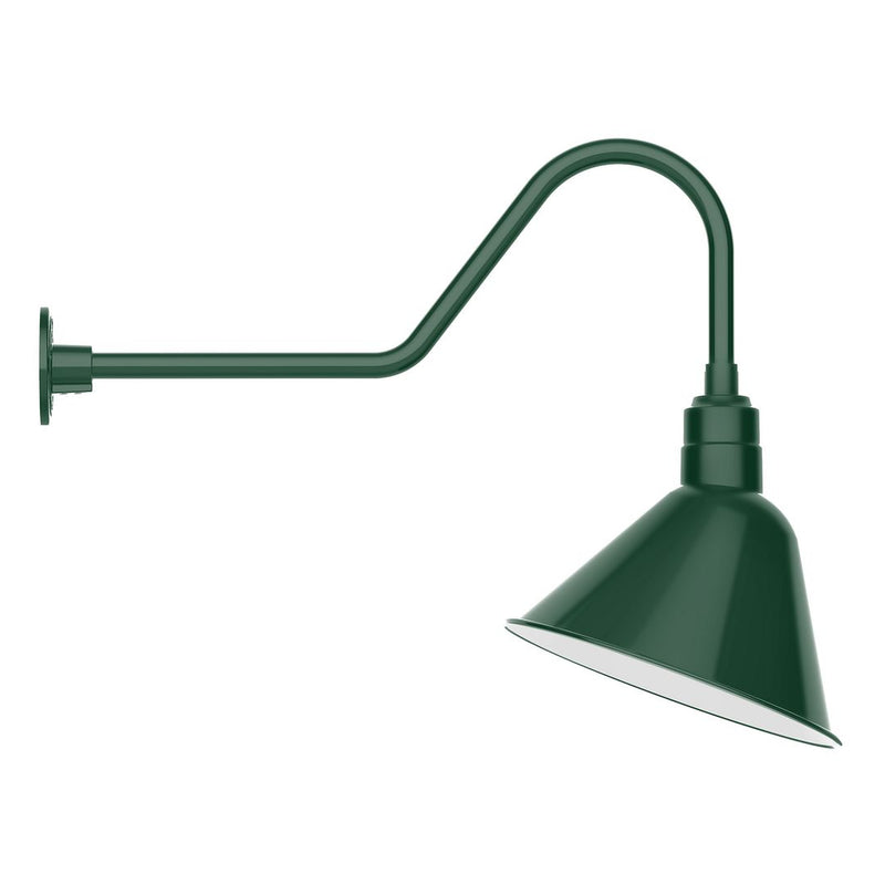 Forest green gooseneck wall light with cone shade and wall mounting plate