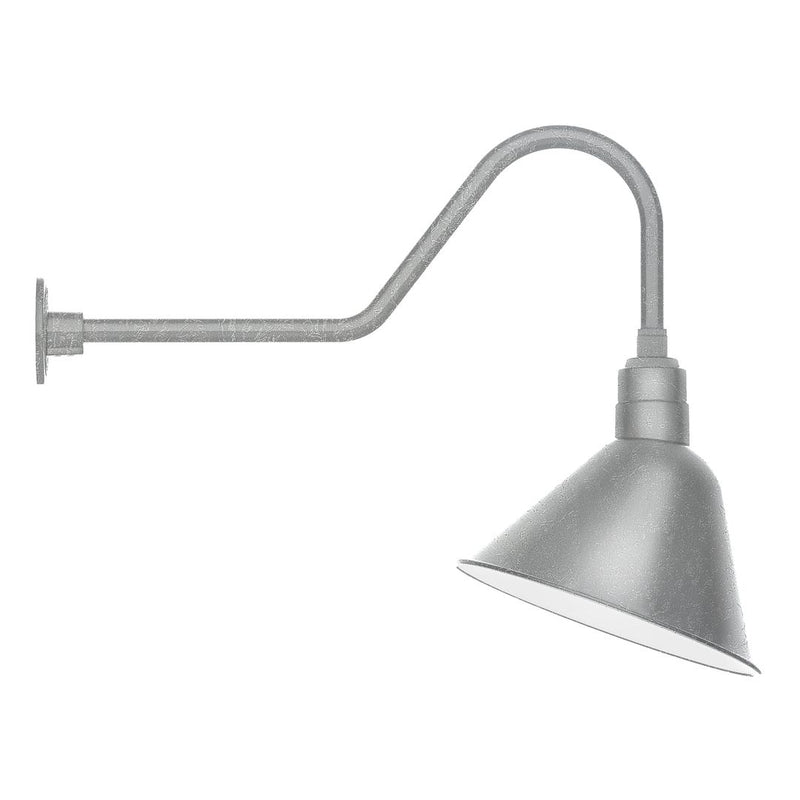 Gooseneck wall light with tapered metal shade and wall mount, angled painted galvanized