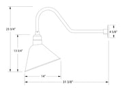 LED gooseneck wall light side view with 14" shade and mounting dimensions