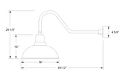 Navy gooseneck wall light diagram: 16 in shade, 20 1/4 in height, 4 5/8 in arm