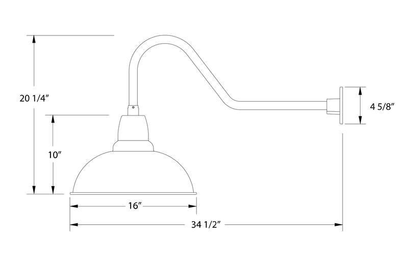 Navy gooseneck wall light diagram: 16 in shade, 20 1/4 in height, 4 5/8 in arm