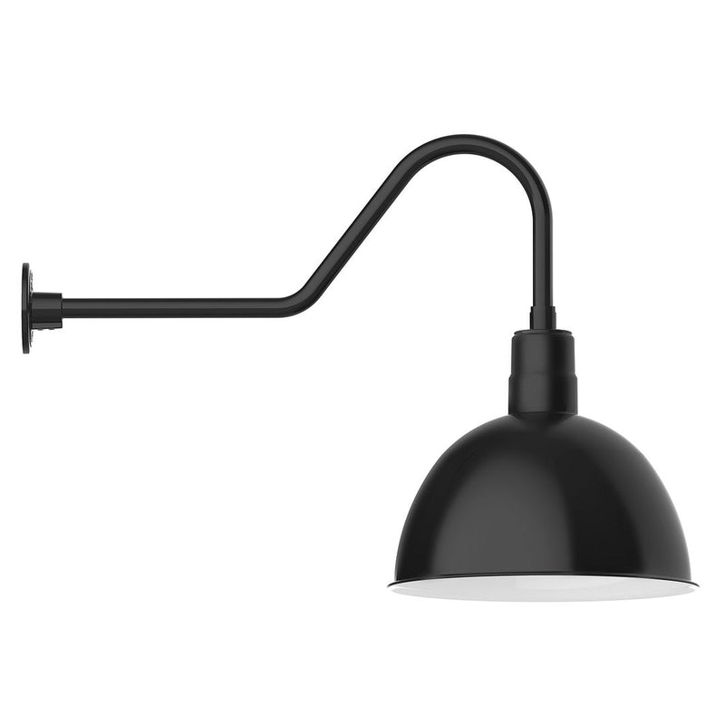 Black gooseneck wall light with deep dome shade and extended arm
