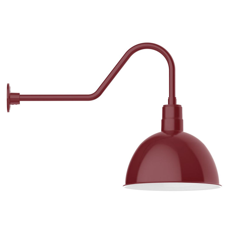 Barn red gooseneck wall light with deep bowl shade and white underside