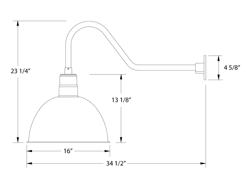 White gooseneck wall light dimensions: 16 in bowl, 23 1/4 in height