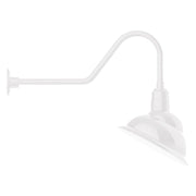 White gooseneck wall light with arched arm and bell-style shade on wall mount