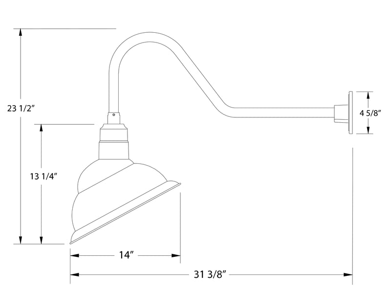 White gooseneck wall light diagram with bell shade and 14 in length