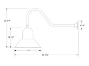 Gooseneck wall light diagram: bell shade, 14 in width, 20 3/4 in height