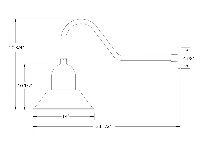 Prima LED gooseneck wall light navy with bell shade; wall-arm dimensions shown