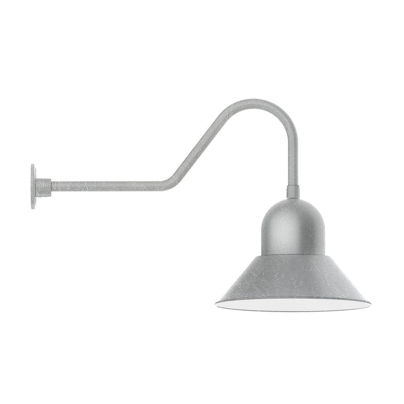 Gray metal gooseneck wall light with domed shade and wall mounting bracket