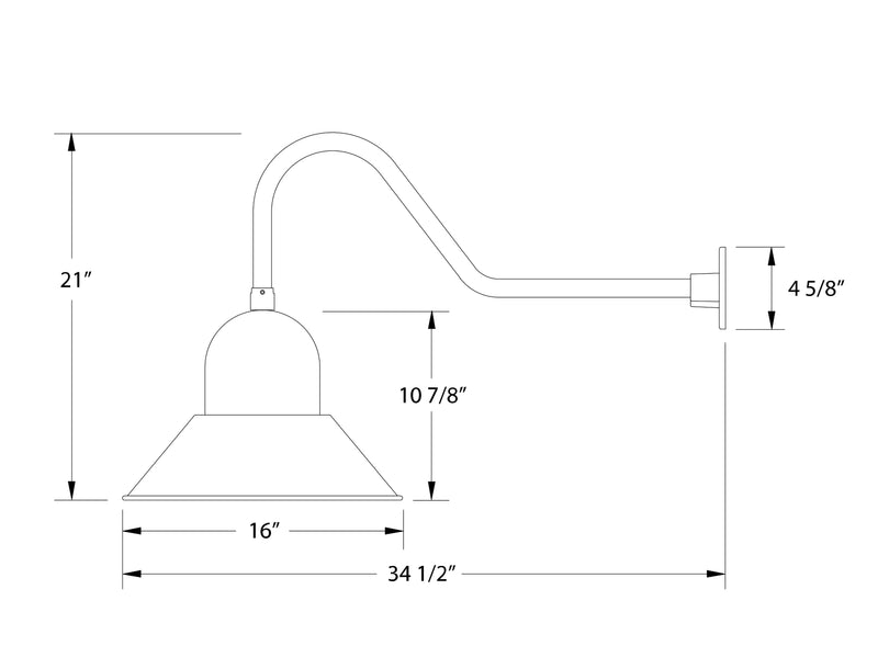 Gooseneck wall light size diagram: 16" width, 21" height, 34 1/2" length