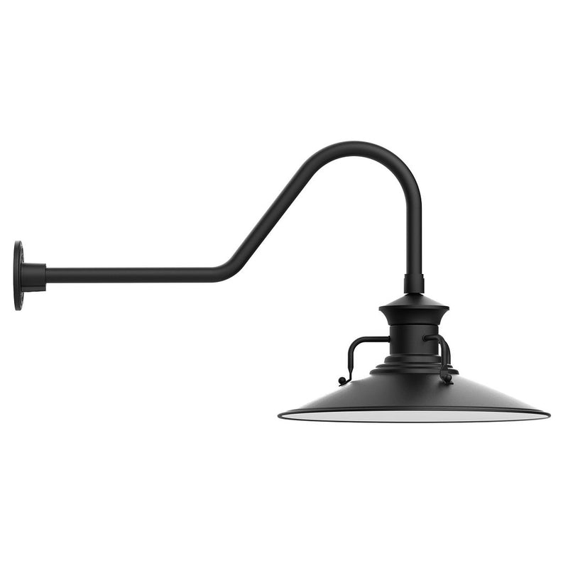 Black LED gooseneck wall light with curved arm and wide dome shade