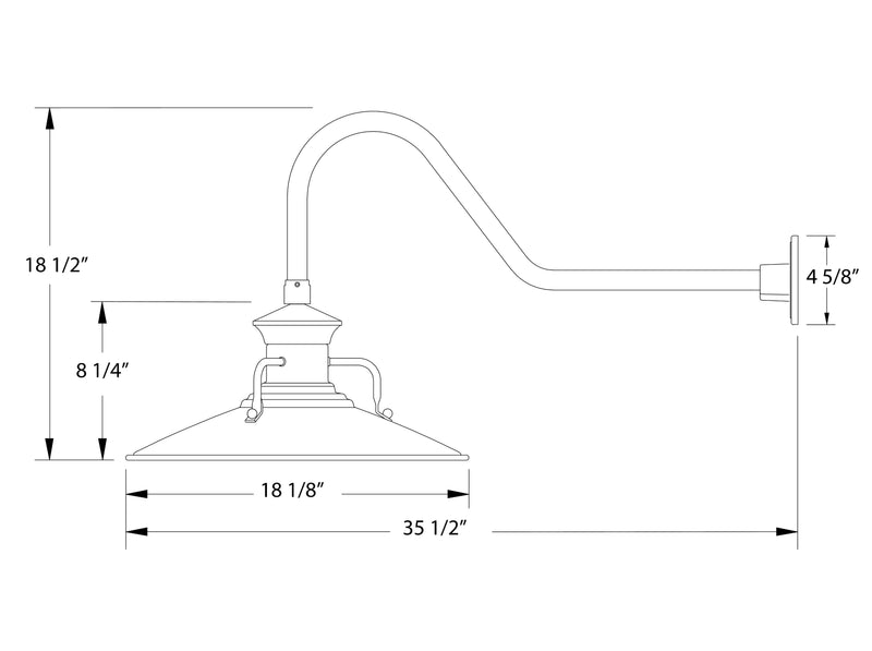 Gooseneck wall light dimensions diagram with labeled height, width, and depth