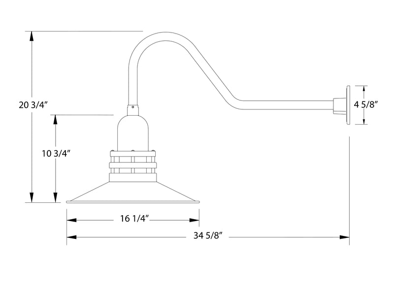 Gooseneck wall light dimensions: 16 1/4 in, 34 5/8 in, 4 5/8 in shade