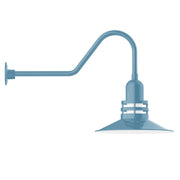 Light blue gooseneck wall light with 16 in arm and wide bell shade