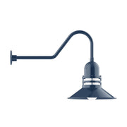 Navy gooseneck wall light with flared metal shade and curved mounting arm