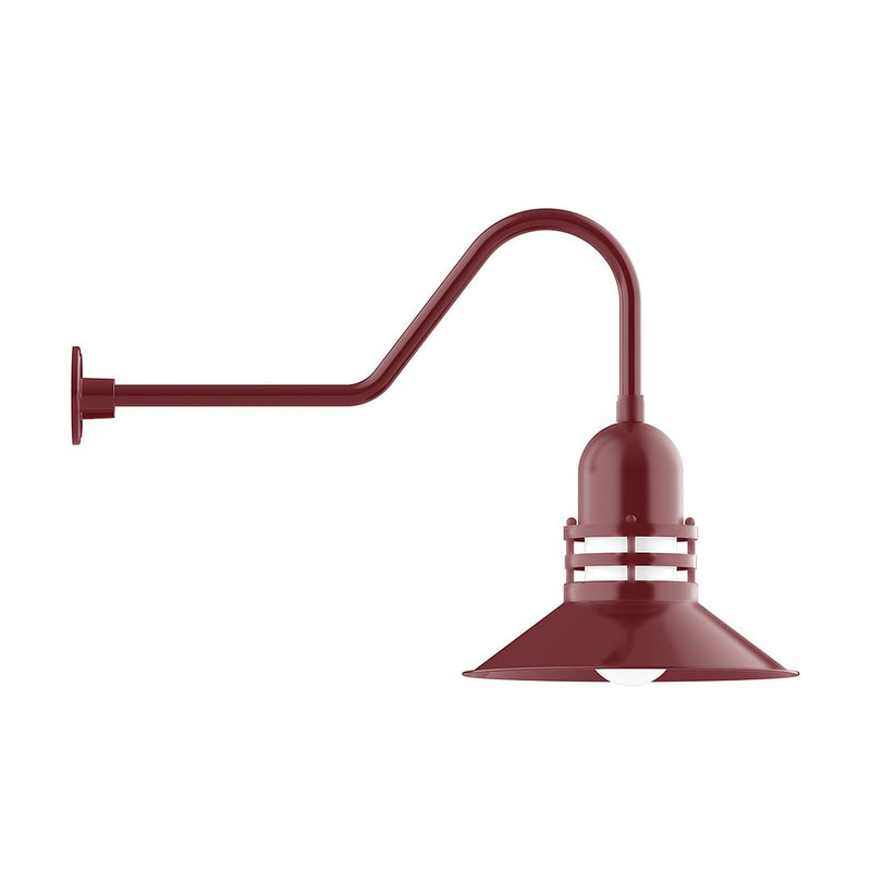 Barn red gooseneck wall light with flared shade and curved arm, 16-inch span.