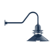 Navy gooseneck wall light with round base and angled dome shade
