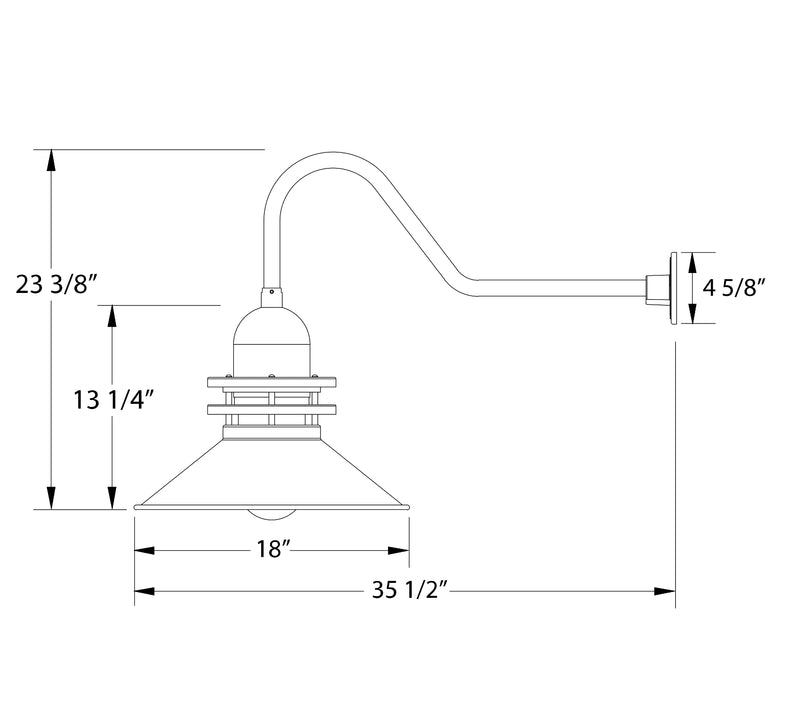 Gooseneck wall light dimensions: 18 in shade width, 23 3/8 in height