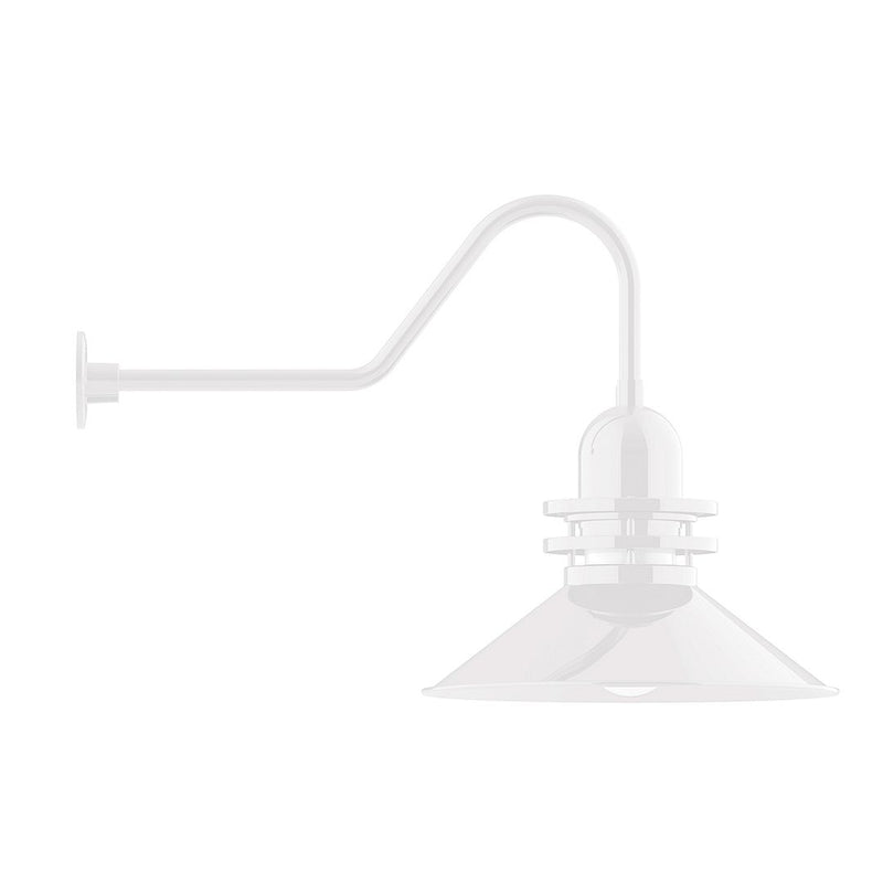 White gooseneck wall light with downward cone shade and base, 20 in