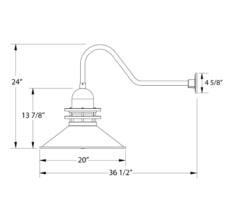 Gooseneck wall light with dome shade, line drawing showing 20 in width