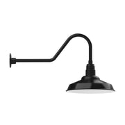 Black gooseneck wall light with round backplate and bell shade