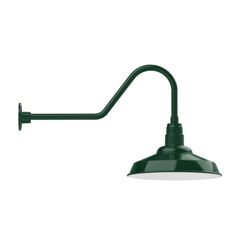 Forest green gooseneck wall light with dome shade and curved mounting arm.