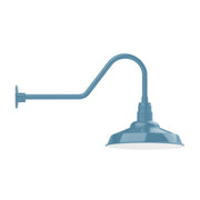 Light blue gooseneck wall light with metal shade and extended arm