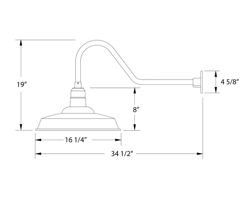 Gooseneck wall light with dome shade, size diagram with 19" and 4 5/8"