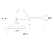 Barn red gooseneck wall light with labeled dimensions and mounting arm