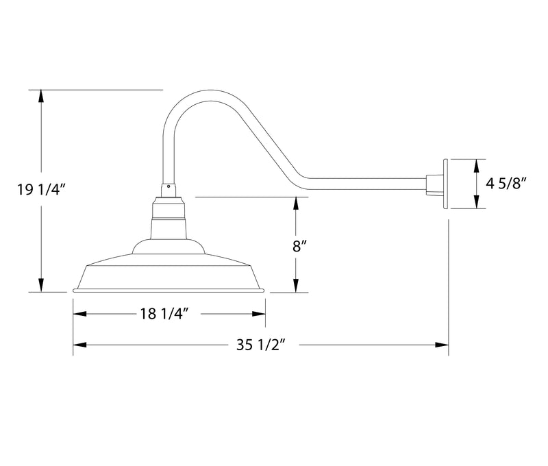 Barn red gooseneck wall light with labeled dimensions and mounting arm