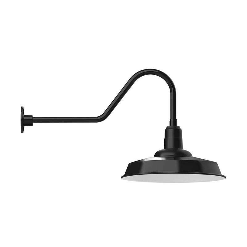 Black gooseneck wall light with round backplate and bell shade